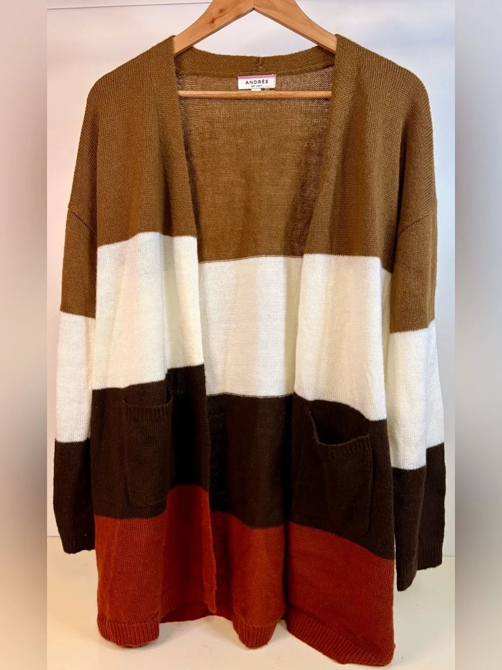 ANDREE BY UNIT Colorblock Open Front Cardigan - Brown, Cream & Rust